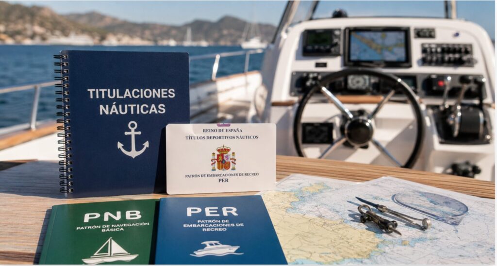 Documentación de las titulaciones náuticas de recreo en España, incluyendo la Licencia de Navegación, PNB y PER sobre el puesto de mando de una embarcación.